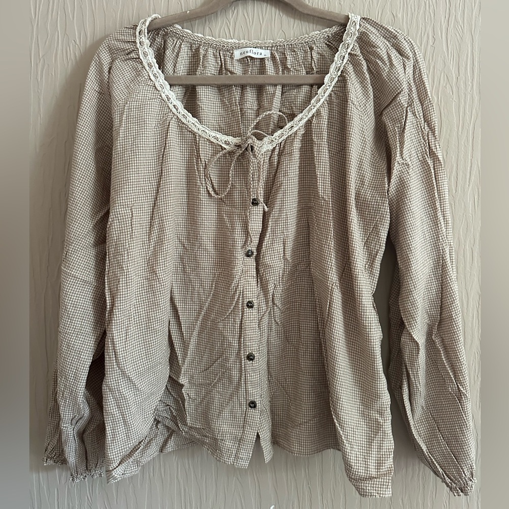 Neuflora Gingham Blouse with Lace Trim